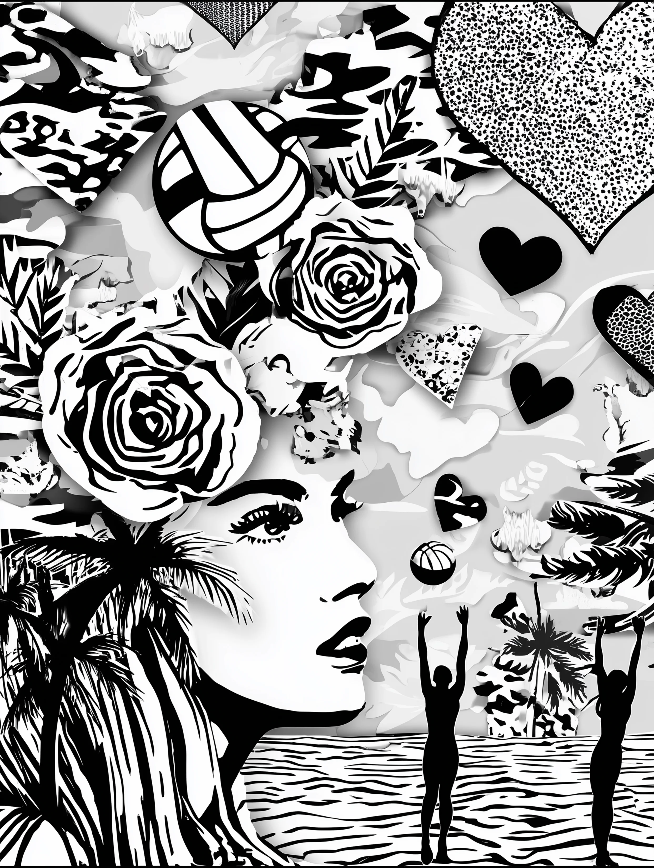 Free printable volleyball coloring page for adults featuring people watching beach volleyball